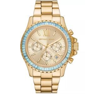 Michael Kors Everest Chronograph Gold Tone 42MM Turquoise Baguette Watch